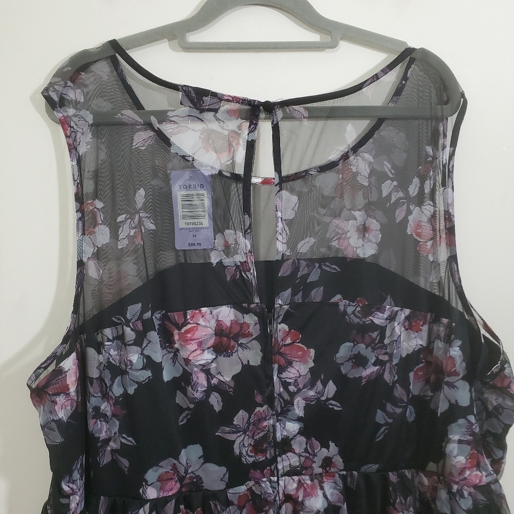 NWT Torrid Floral Mesh Illusion Midi Dress Black Dark Floral Size 26 Plus Boho - Picture 12 of 13